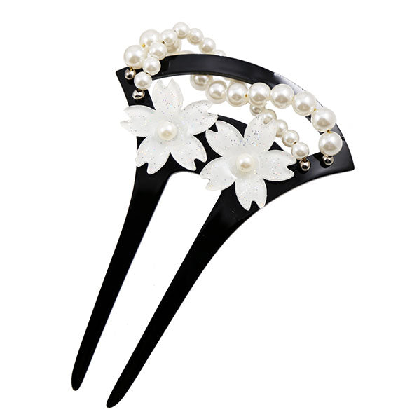 Acrylic Geisha 2-Prong Hair Stick Fork with White Flowers and Faux Pearls