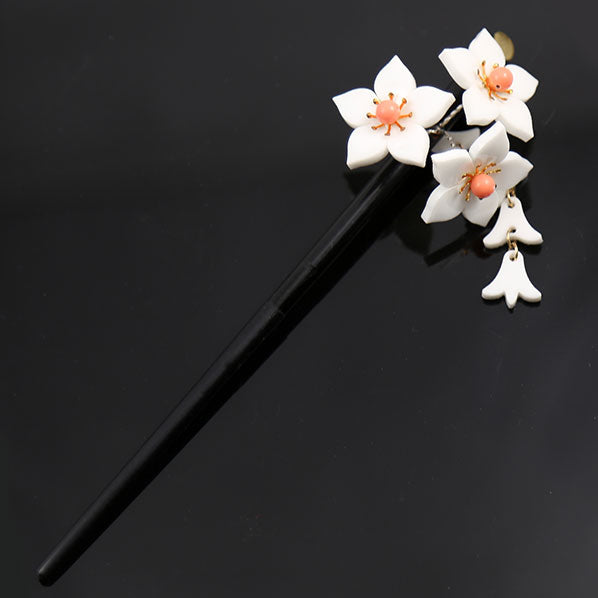 Geisha Hair Stick with Acrylic Peach Flower Cluster and Tassels