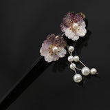 Glittered Gradient Purple Flowers Acrylic Hair Stick with Pearl Tassels