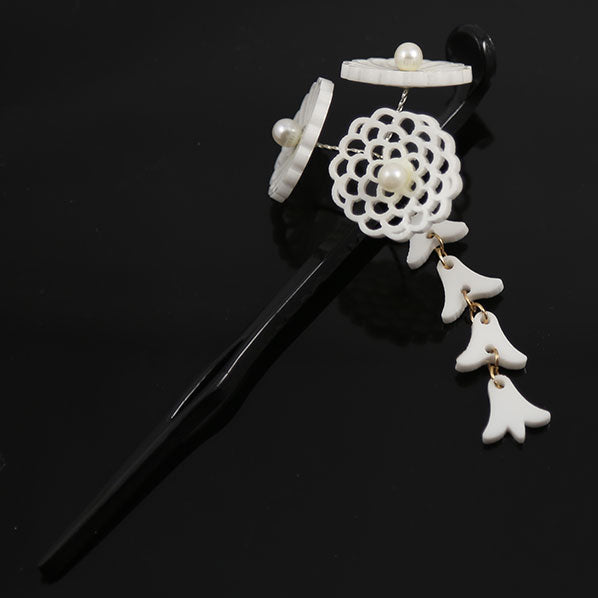 Acrylic Geisha Hair Stick with White Flower Cluster and Tassels