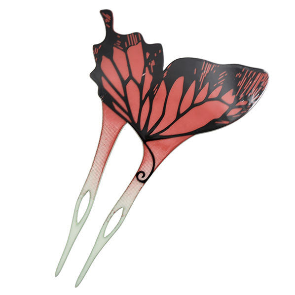 Acrylic 2-Prong Geisha Butterfly Hair Stick Fork Green Back Red