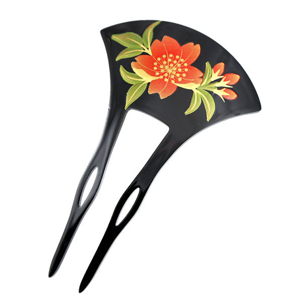 Acrylic 2-Prong Geisha Hair Stick Fork Black w/ Gold Red Flower
