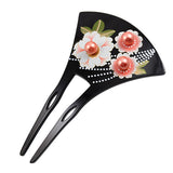 Acrylic 2-Prong Geisha Floral Hair Stick Fork Black w/ Pearl Centers
