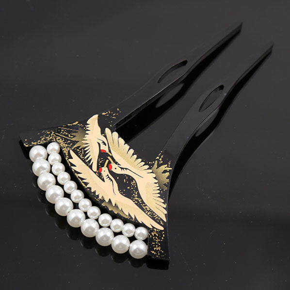 Acrylic 2-Prong Geisha Hair Stick Fork w/ Gold Cranes and Pearls