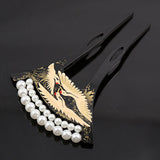 Acrylic 2-Prong Geisha Hair Stick Fork w/ Gold Cranes and Pearls