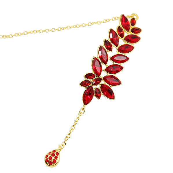 Red Rhinestone Leaves Gold Finish Costume Forehead Jewelry Bindi w/ Teardrop