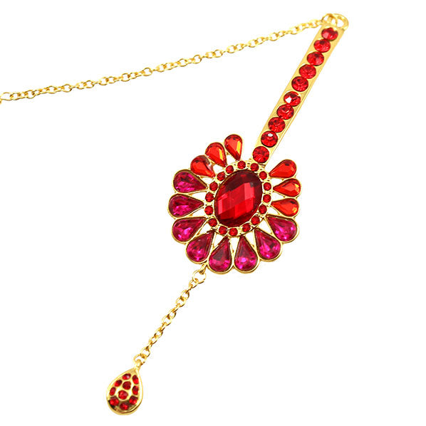 Red & Hotpink Rhinestone Floral Gold Finish Costume Forehead Jewelry Bindi w/ Teardrop