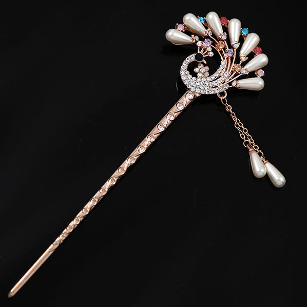 White Pearl & Colorful Czech Rhinestone Peacock Silver Finish Hair Stick w Tassels