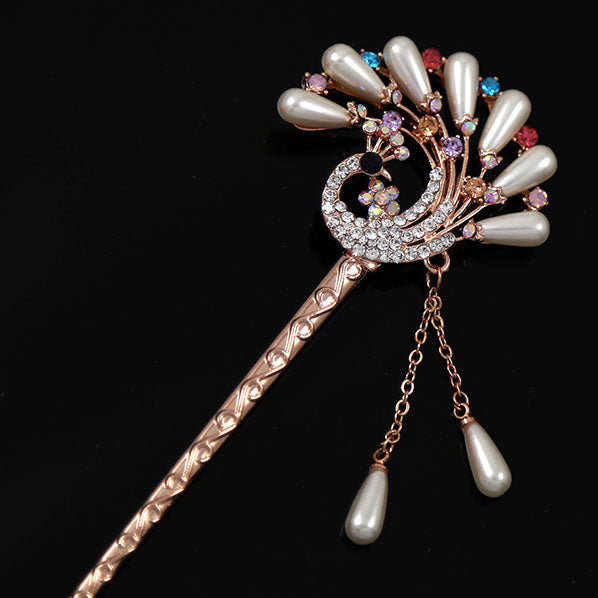 White Pearl & Colorful Czech Rhinestone Peacock Hair Stick w/ Tassels