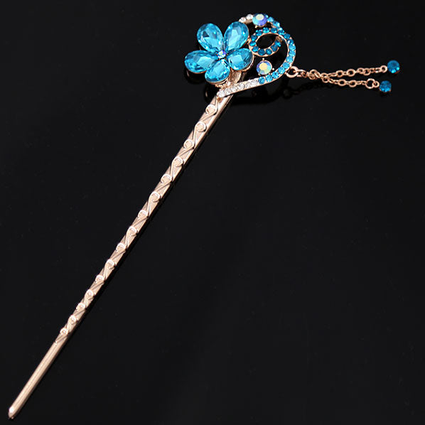 Blue Czech Rhinestone Flower Gold Finish Hair Stick w/ Tassels