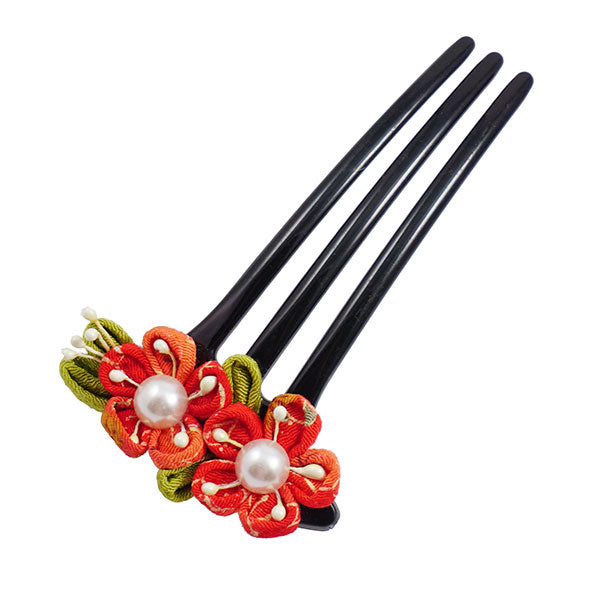 Handmade 3-prong Geisha Hair Stick Fork with Fabric Kanzashi Flowers Red
