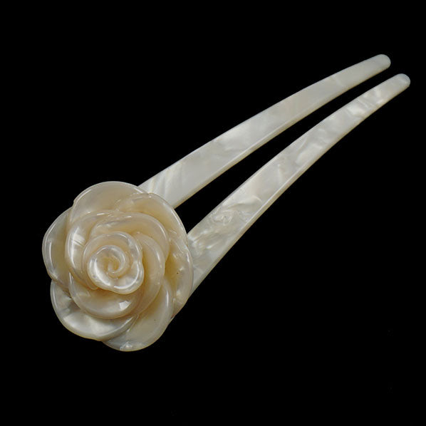Crystalmood Cellulose Acetate 2-Prong Hair Stick Fork with Flower Ivory
