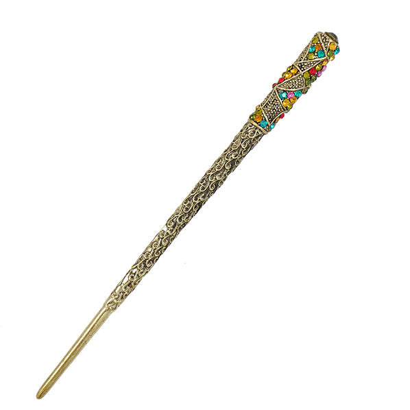 Antique Brass Finish Hair Stick w/ Rhinestone Patterns