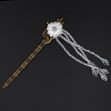 Antique Brass Floral Hair Stick with Crystal Beaded Tassels