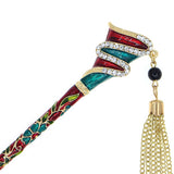 Enamel Abstract Design Floral Hair Stick w/ Rhinestones and Tassels Red