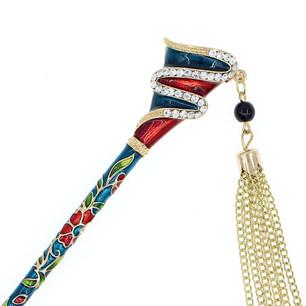 Enamel Abstract Design Floral Hair Stick w/ Rhinestones and Tassels