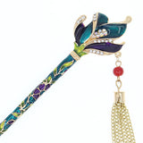 Enamel Floral Petals Hair Stick w/ Rhinestones and Tassels