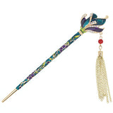 Enamel Floral Petals Hair Stick w/ Rhinestones and Tassels Red