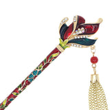 Enamel Floral Petals Hair Stick w/ Rhinestones and Tassels