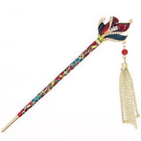 Enamel Floral Petals Hair Stick w/ Rhinestones and Tassels