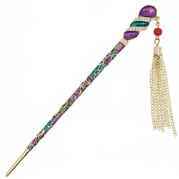 Enamel Twirl Flora Hair Stick w/ Rhinestones and Tassels Purple