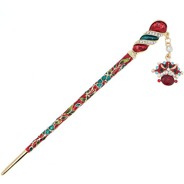 Enamel Twirl Flora Hair Stick w/ Rhinestones and Beijing Opera Mask Tassel