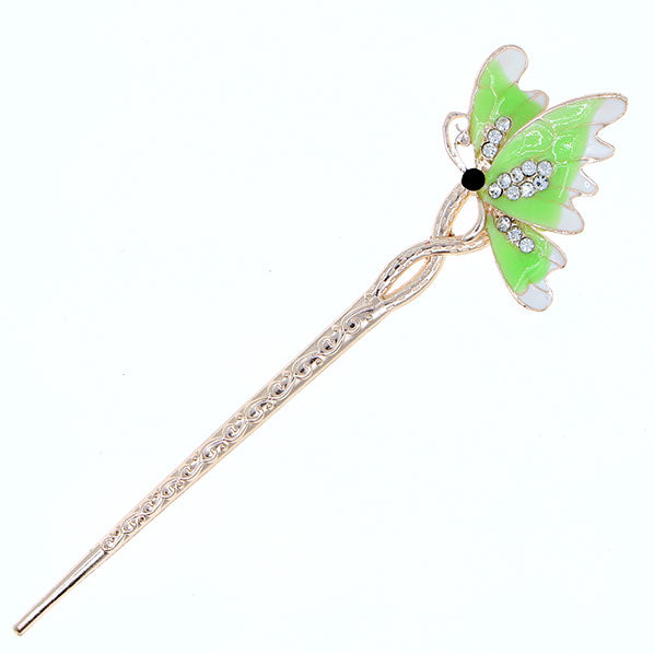 Enamel Butterfly Hair Stick with Rhinestones Pink