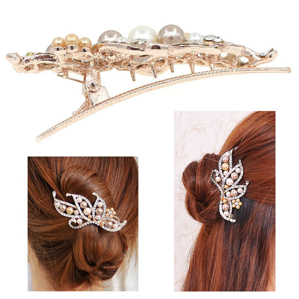 Gold Finish Bridal Pearl and Rhinestone Butterfly Hinged Hair Claw Clip Champagne