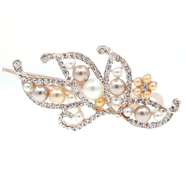 Gold Finish Bridal Pearl and Rhinestone Butterfly Hinged Hair Claw Clip Champagne