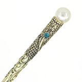 Antique Brass Finish Hair Sticks with Rhinestone and Pearl Blue