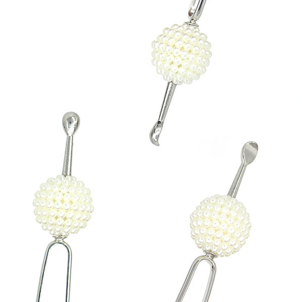 Geisha Earpick Style 2-Prong Metal Hair Stick Fork w/ Beaded Ball White