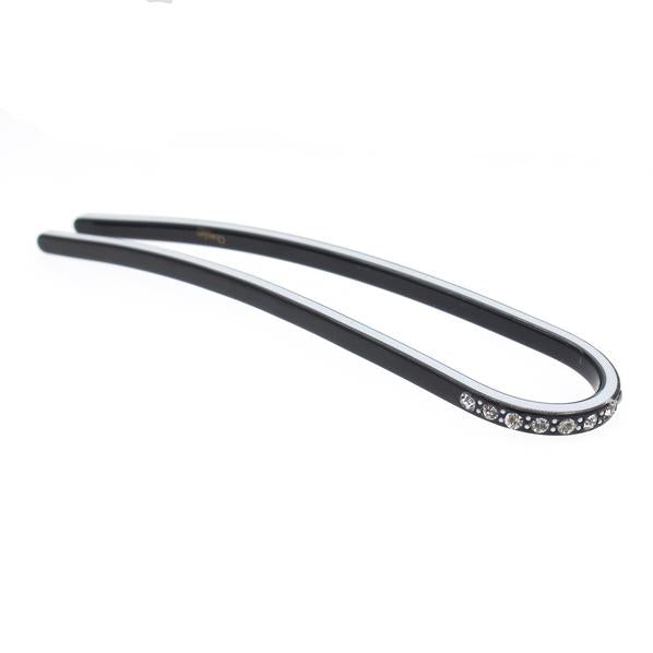 Simple Cellulose Acetate 2-Prong Hair Fork Hairstick with Rhinestones Black