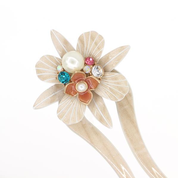 Cellulose Acetate 2-Prong Flower Hair Fork Hair Stick with Rhinestones and Glass Pearls