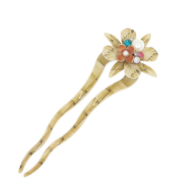 Cellulose Acetate 2-Prong Flower Hair Fork Hair Stick with Rhinestones and Glass Pearls