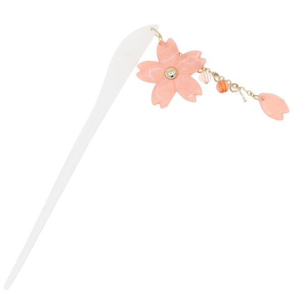 Geisha White Acrylic Hair Stick with Pink Floral Tassels