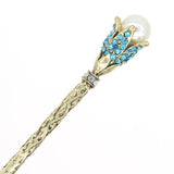 Antique Brass Finish Hair Stick with Rhinestone Flower and Large Glass Pearl