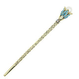 Antique Brass Finish Hair Stick with Pink Rhinestone Flower & Large Glass Pearl