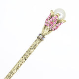 Antique Brass Finish Hair Stick w/ Purple Rhinestone Flower & Large Glass Pearl