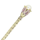 Antique Brass Finish Hair Stick w/ Colorful Rhinestone Flower Large Glass Pearl