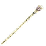 Antique Brass Finish Hair Stick with Rhinestone Flower and Large Glass Pearl