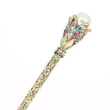 Antique Brass Finish Hair Stick with Rhinestone Flower and Large Glass Pearl