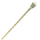 Antique Brass Finish Hair Stick with Rhinestone Flower and Large Glass Pearl