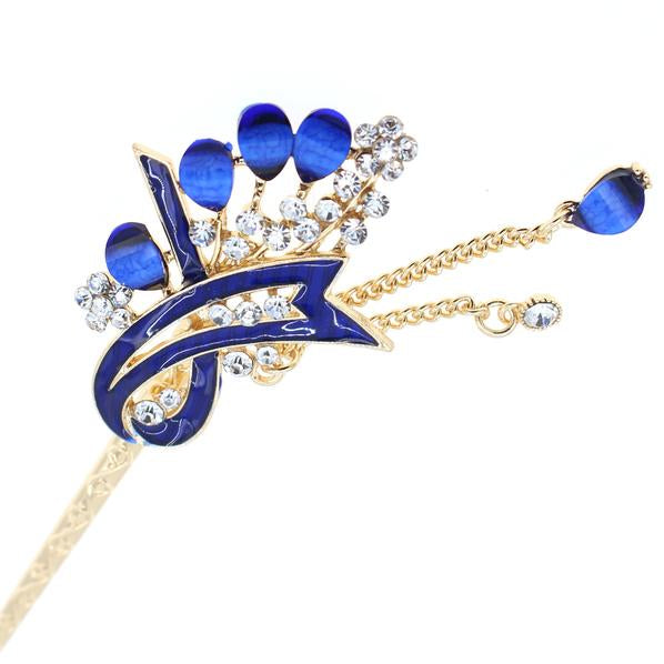 Blue Enamel Hair Stick with Rhinestones and Tassels Feather