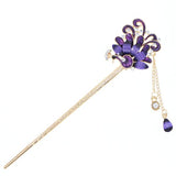 Enamel Peacock Hair Stick with Rhinestones and Tassels Red