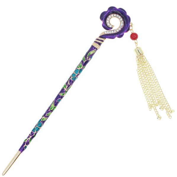 Violet Enamel Cloisonne Hair Stick with Rhinestones and Tassels Hook