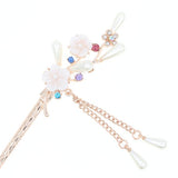 Glass Pearl & Rhinestone Shell Flower Bridal Hair Stick w/ Tassels