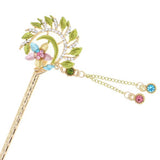 Gold Finish Aqua Colored Flower Wreath Hair Stick with Rhinestones and Tassels
