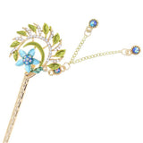 Gold Finish Colored Flower Wreath Hair Stick with Rhinestones and Tassels