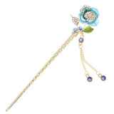 Gold Finish Colored Rose Hair Stick with Rhinestones and Tassels