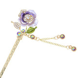 Gold Finish Lilac Colored Rose Hair Stick with Rhinestones and Tassels